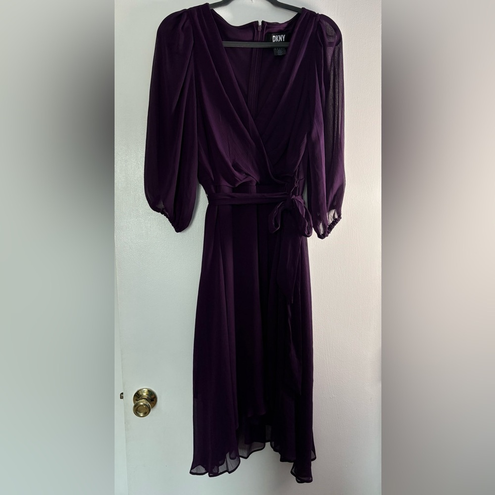 DKNY size 16 Dark Purple Long Sleeve Uneven Faux Wrap Dress